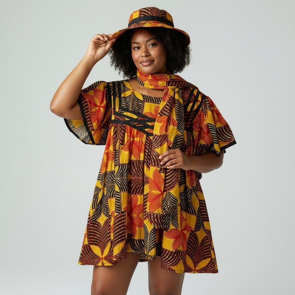 Advance Cotton Flutter Sleeve Top Yellow Red Black Geometric Floral OSFM